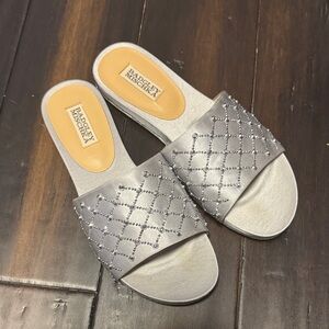 Badgley Mischka Silver Crystal-Stud Slide Sandals